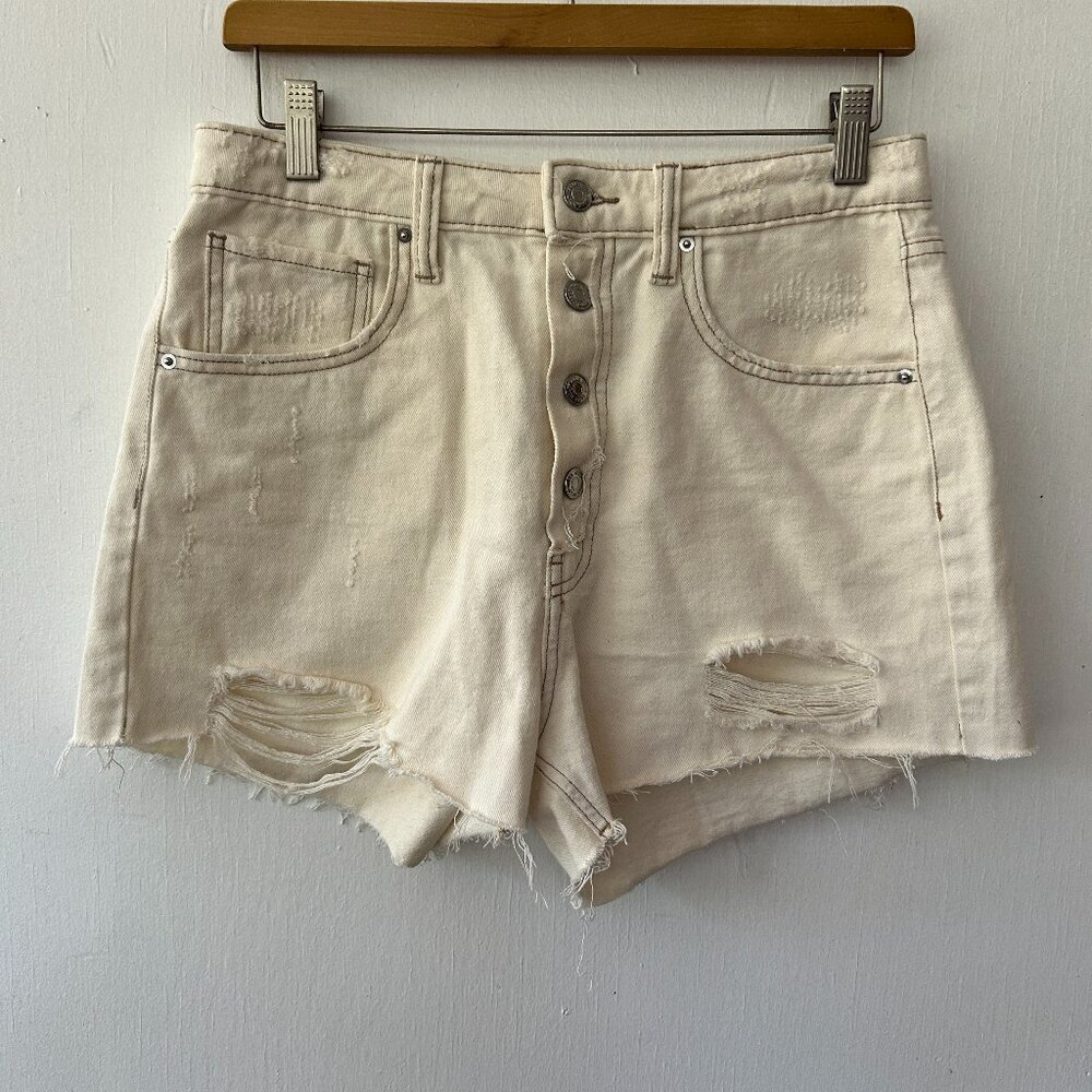 Wild Fable Jean Shorts Womens 8 Cream Button Fly Distressed‎ Raw Denim Cuf Offs